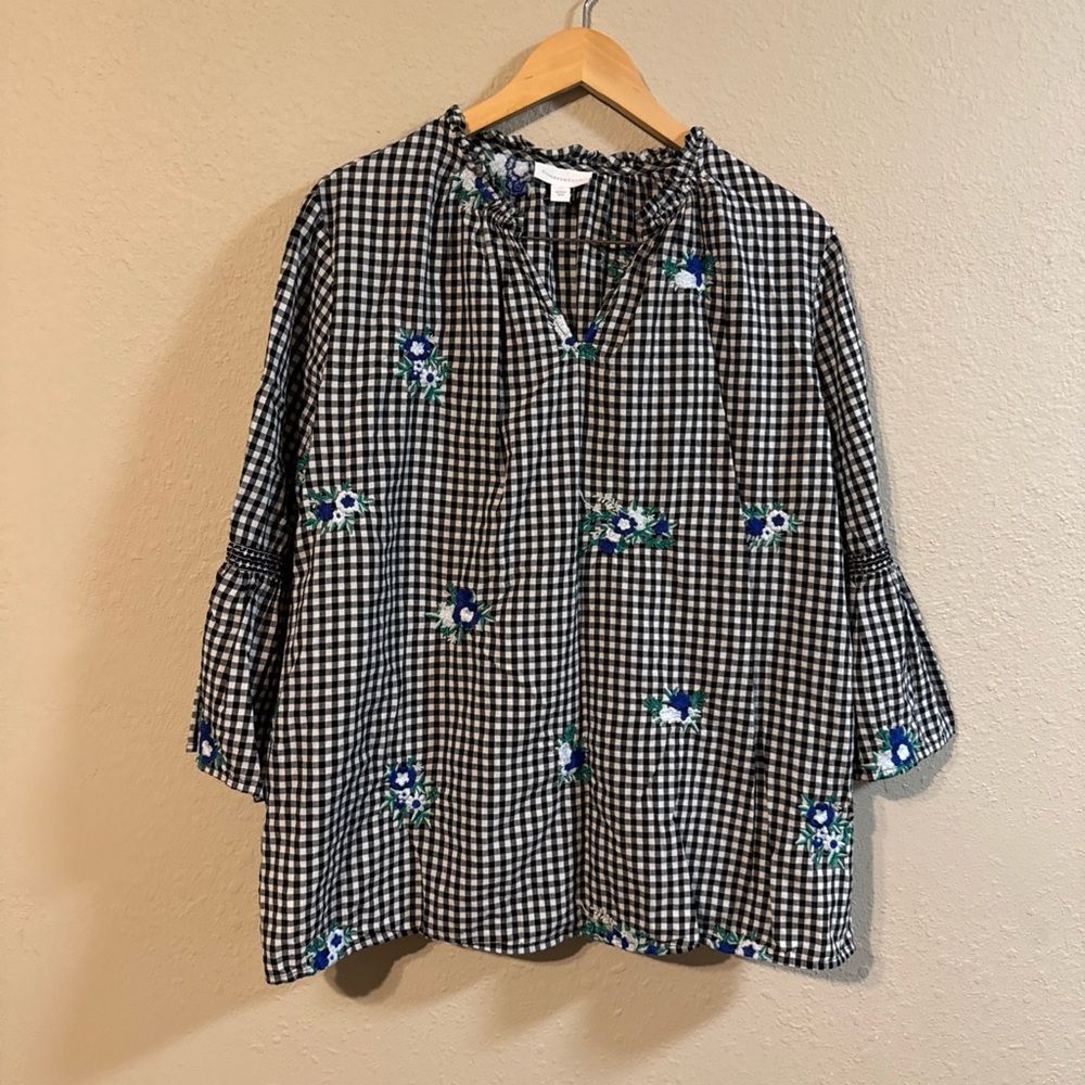 Charter Club Embroidered Peasant Blouse Women 2XL Gingham 3/4 Sleeve Lightweight